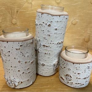 3 White Birchwood (?) Candles with votive holder. New. Never used.